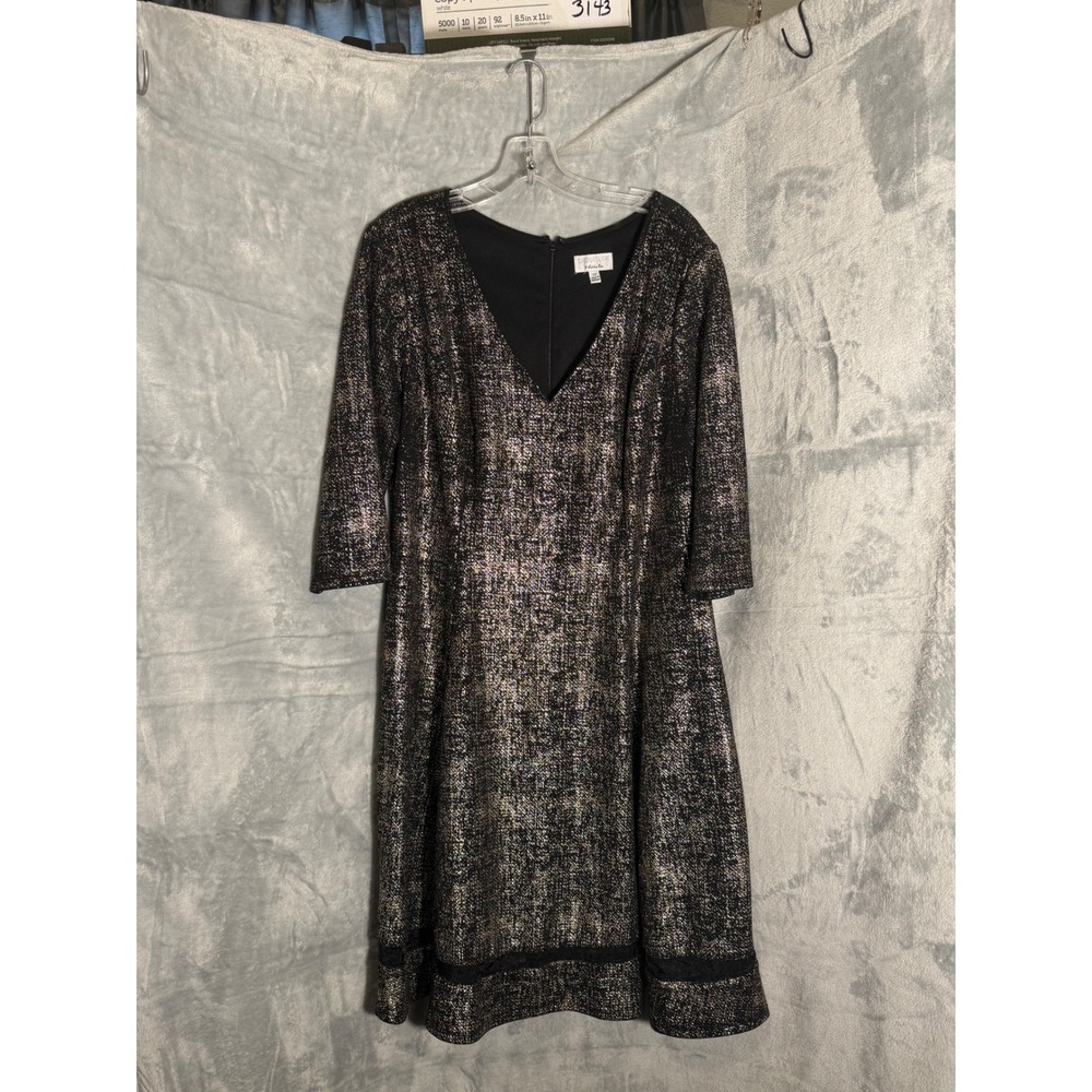 Signature by Robbie Bee Black Gold Metallic V-Neck A-Line Dress Plus Size 2X